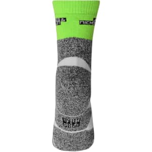 Sport socks featuring a grey body with vibrant green accents and a logo. Ideal for active wear.