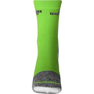 A pair of bright green sport socks featuring a grey toe and heel, with a logo on the upper section.