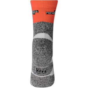Sport socks in grey with orange accents, featuring a logo. Ideal for sports uniforms.