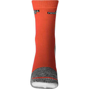 Orange sports socks with grey detailing and a logo on the top. Suitable for athletic wear.