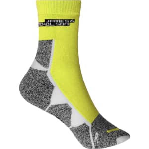 A pair of sports socks featuring a bright yellow design with grey accents and a logo on the cuff.