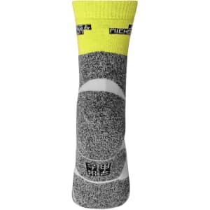 A pair of grey and yellow sports socks with a logo, showcasing a sleek design for athletic use.