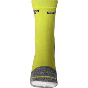 Bright yellow sports sock with grey accents and a logo on the upper part. Suitable for sports uniforms.