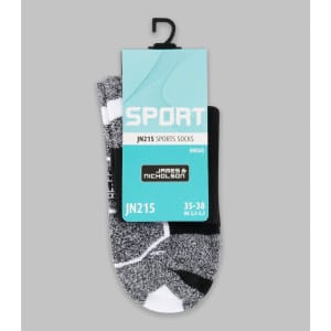 Sport socks in grey with black and white accents, packaged with a hanger and a logo. Unisex sizing 35-38.