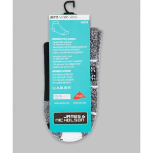 A pair of black and grey sports socks, featuring a label with branding and product details.