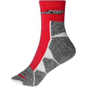 A pair of red and grey sports socks with a logo on the cuff. The design features a mix of textures and patterns.