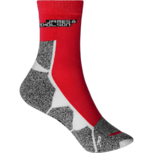 Sport socks in red, grey, and white featuring a logo, designed for athletic use.