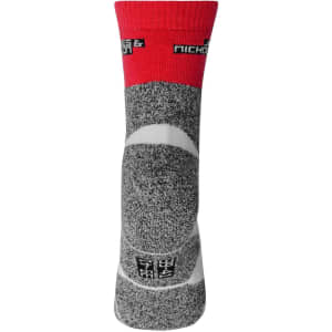 A pair of sports socks featuring a red top and grey patterned body, with a logo displayed.