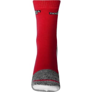 Red sports socks with grey accents and a logo at the top. Suitable for athletic wear.