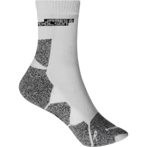 Sport socks in white with grey accents, featuring a logo at the top. Designed for sports and active wear.