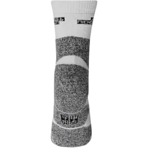 Sport socks in white and grey featuring a textured design and branding. Ideal for athletic wear.