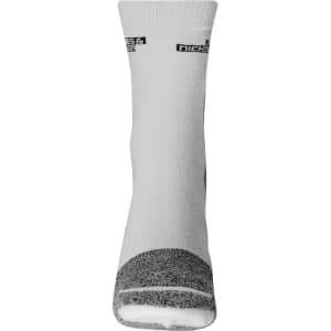 A pair of white sports socks featuring grey accents and a logo on the upper section.