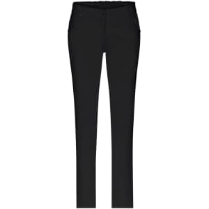 Black stretch pants with five pockets, featuring a straight leg design and a logo.