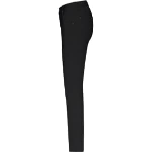 A side view of black stretch pants with five pockets, featuring a slim fit design.