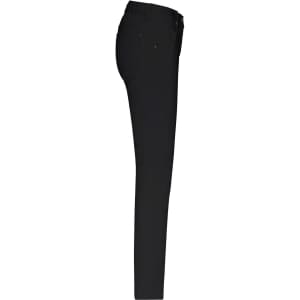 Black stretch pants with five pockets, featured in a slim fit design. The image displays the side view of the pants.