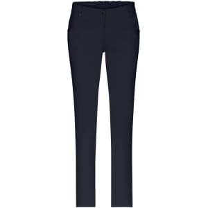 Ladies' 5 pocket stretch pants in navy blue, featuring a slim fit design and a logo on the waistband.