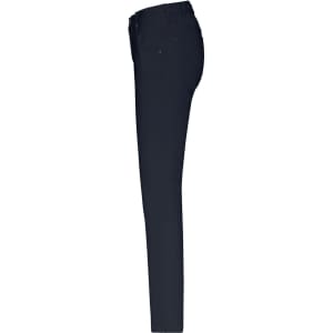 A pair of navy stretch pants featuring five pockets, displayed from the side with a smooth silhouette.