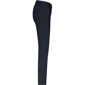 A pair of navy stretch pants with five pockets, featuring a slim fit design and an elastic waistband.