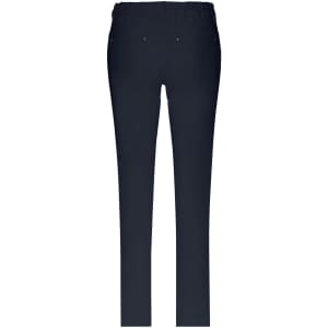 Navy stretch pants featuring a five-pocket design and an elastic waistband at the back. Includes a branding logo.