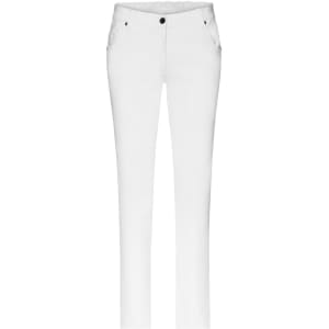 A pair of white stretch pants with five pockets, featuring a slim design and a button closure.