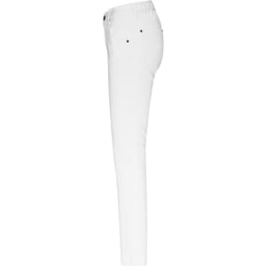 A pair of white stretch pants featuring five pockets, tailored in a slim fit style. The pants include a branding logo.