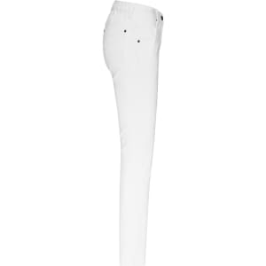A pair of white stretch pants with five pockets, featured in a side view. The pants have a fitted silhouette and a waistband.