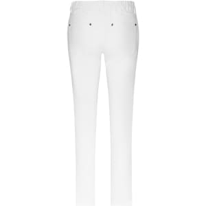 White stretch pants featuring five pockets, with a smooth back view and subtle detailing.