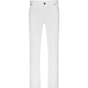 A pair of white men's stretch pants with five pockets and a button closure, featuring branding.
