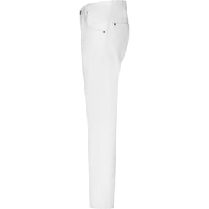 A pair of white men's stretch pants with five pockets, featuring a side view. Includes branding.
