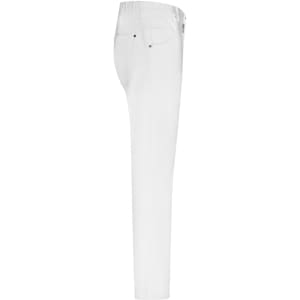 A pair of white men's stretch pants featuring a five-pocket design and a branded label.