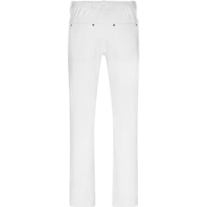 White men's stretch pants featuring five pockets and an elastic waistband, with a logo on the back.