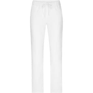 White ladies' comfort pants with an elastic waistband and drawstring feature. Simple design with no visible logos.