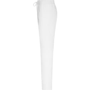 A pair of white ladies' comfort pants with a drawstring waist, featuring a logo.