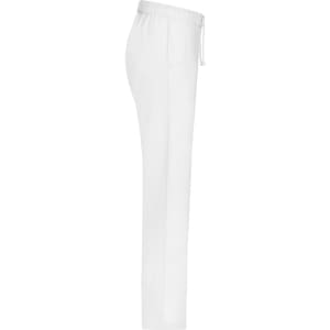 White comfort pants with a relaxed fit, featuring an elastic waistband and a drawstring. Includes pockets on the sides.