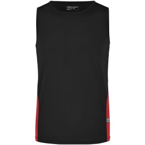 A black men's running tank top featuring red side accents and a logo. Simple and sporty design.