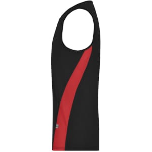 A men's running tank in black with a red diagonal stripe. It features a logo on the fabric.