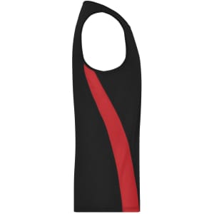 A black men's running tank with a red side stripe and a logo. Features a sleeveless design.