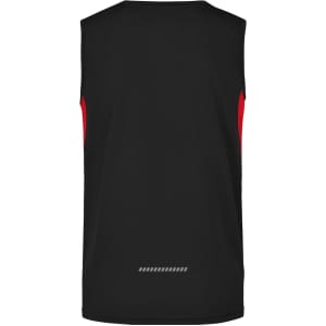 A black men's running tank with red accents and a logo. The design features a sleeveless style.