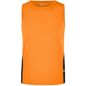 An orange men's running tank top with black side panels, featuring a logo on the front.