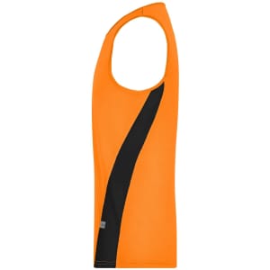 An orange men's running tank top featuring a black side panel and a logo at the hem.