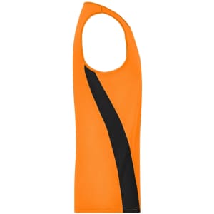 An orange men's running tank featuring a black side stripe and a round neck design. It has a logo on the front.