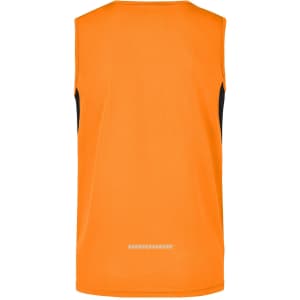 An orange men's running tank with black detailing and a logo on the back.