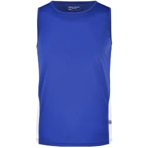 A blue men's running tank top with white side panels and a logo.