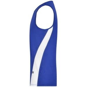A sleeveless men's running tank in blue with a white accent, featuring a logo on the side.