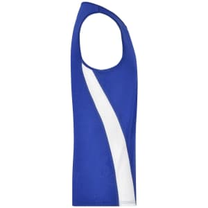 A men's running tank in blue with a white stripe, featuring a logo on the fabric.