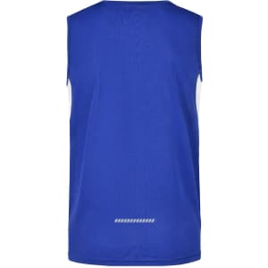 A blue men's running tank featuring a sleeveless design and a logo on the back.