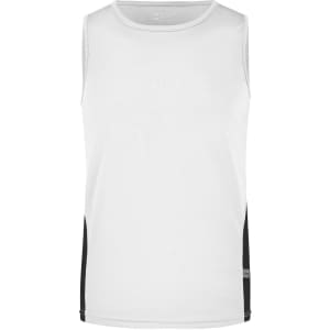 A men's running tank in white with black side panels and a logo. Suitable for athletic wear.