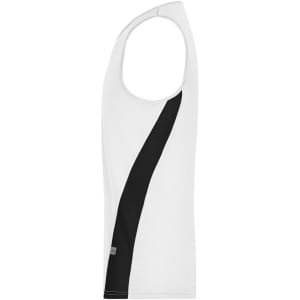 A white men's running tank with a black diagonal stripe, featuring a logo on the side.