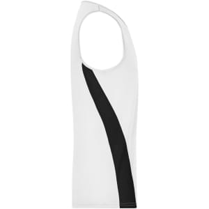 A white men's running tank top featuring a black diagonal stripe, with a logo on the design.
