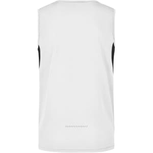 A white men's running tank with black side panels and a simple design, featuring a logo on the back.